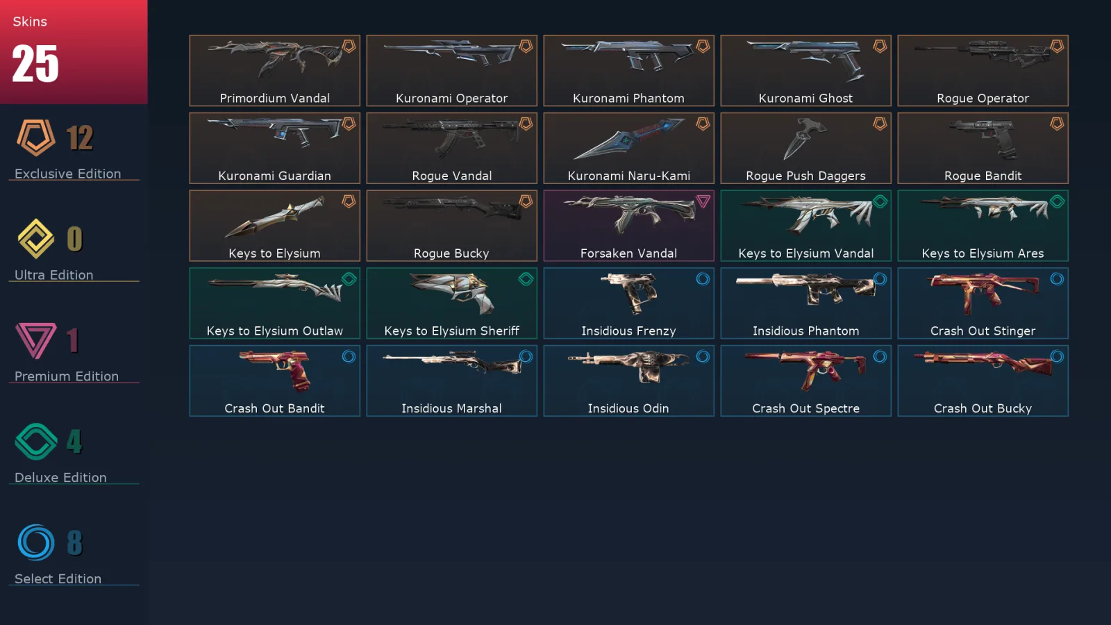 [Valorant] | EU | Level 40 | Platinum 3 | 14 Agents | 25 Skins