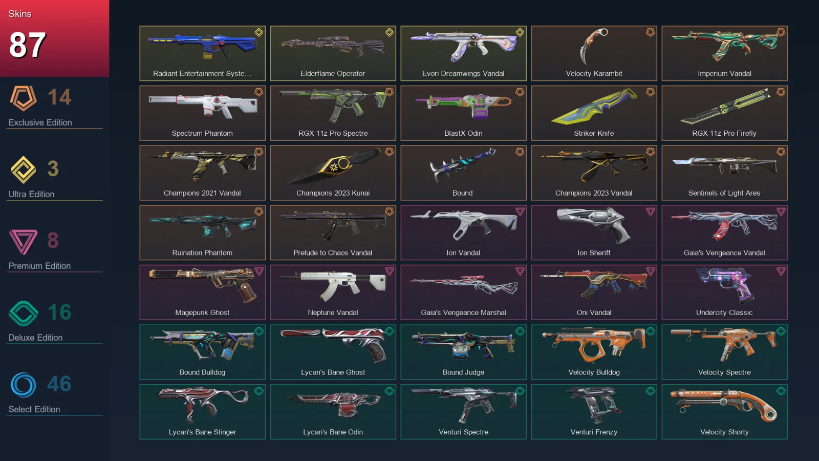 EU | Lv245 | Unranked | 87 Skin | 25 Agent | 132 Buddy