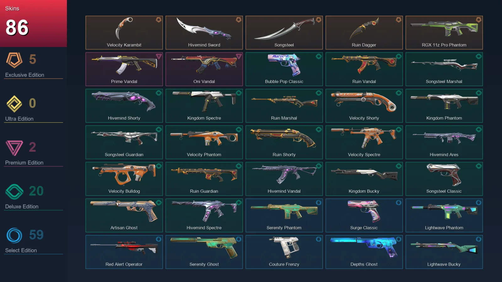 EU | Velocity Karambit | Hivemind Sword | Songsteel | Ruin Dagger | 86 Skin | 28 Agent | 165 Buddy | Lv400