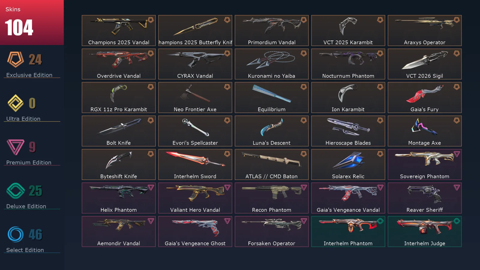 [Valorant] | EU | Level 156 | Ascendant 1 | 27 Agents | 104 Skins