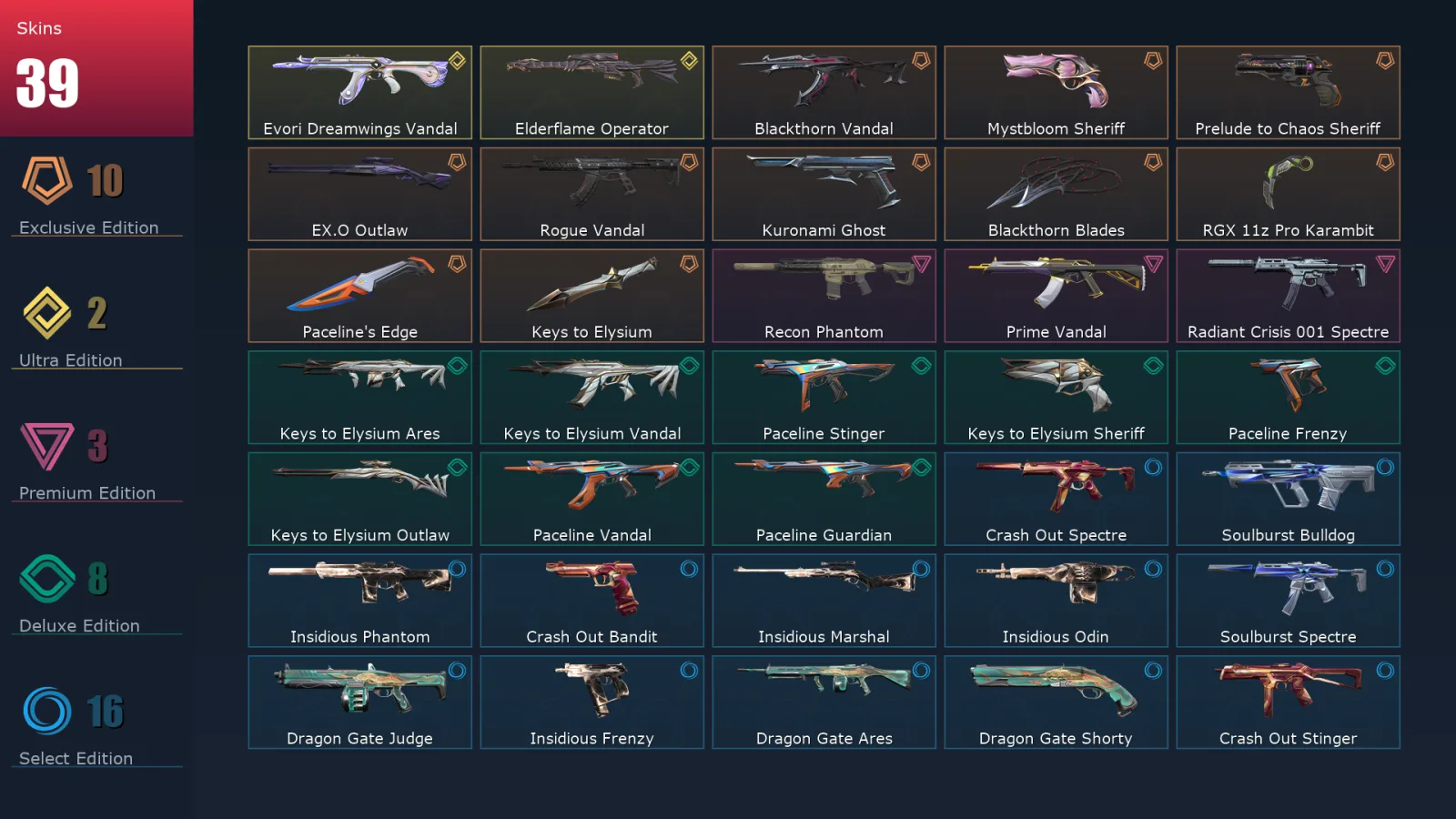 [Valorant] | EU | Level 83 | Gold 1 | 25 Agents | 39 Skins