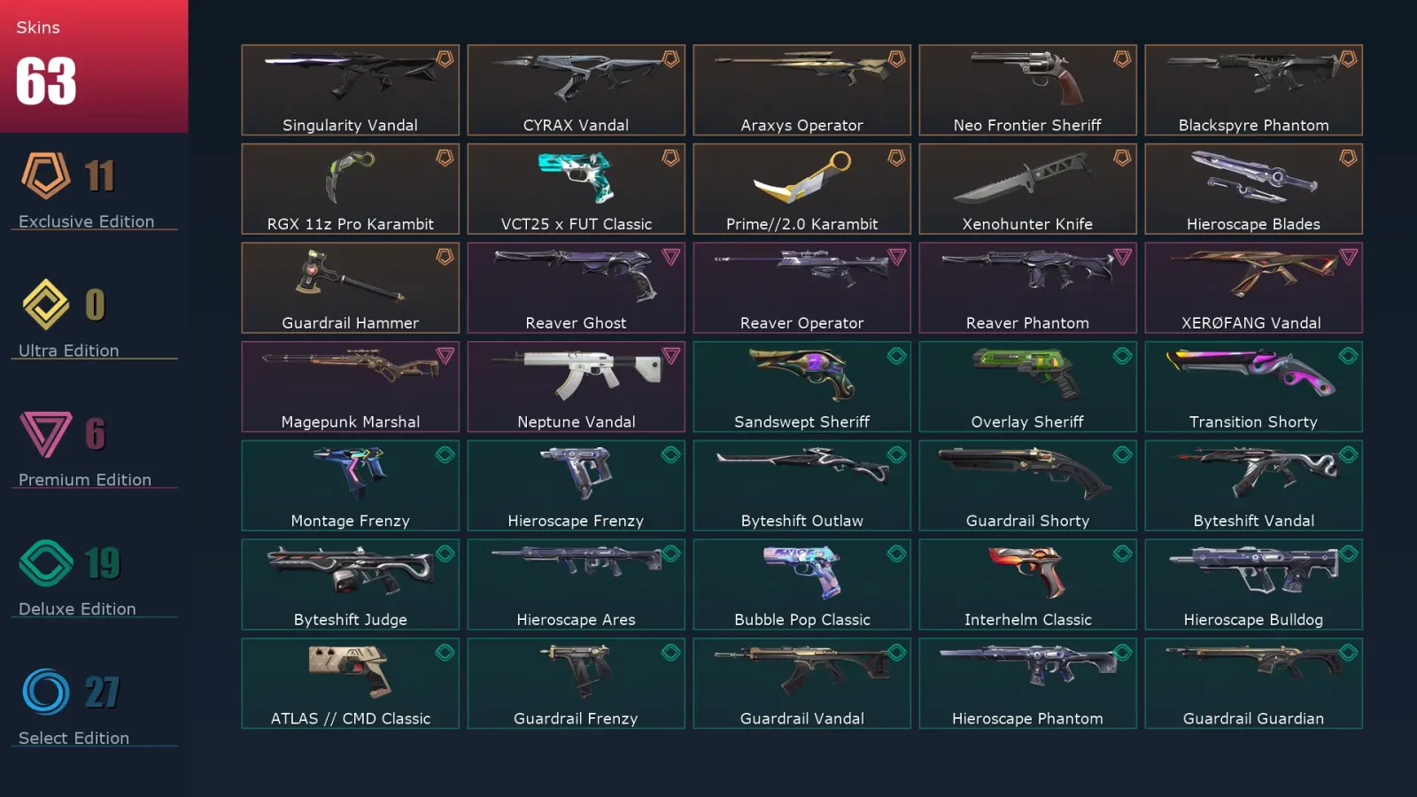 [Valorant] | EU | Level 279 | 29 Agents | 63 Skins
