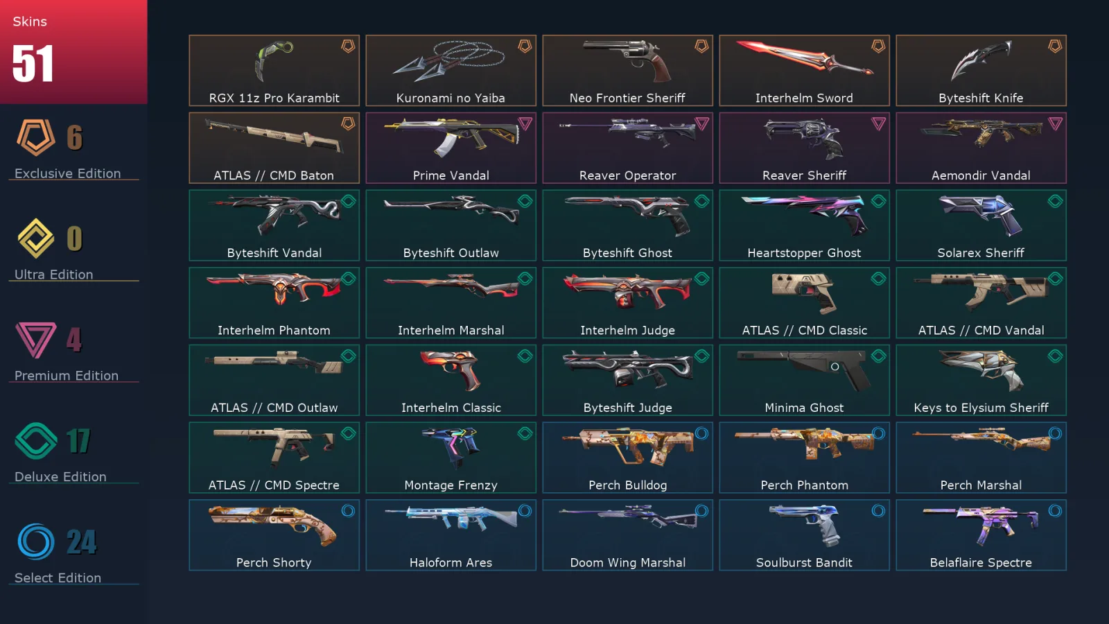 [Valorant] | EU | Level 170 | Gold 1 | 24 Agents | 51 Skins