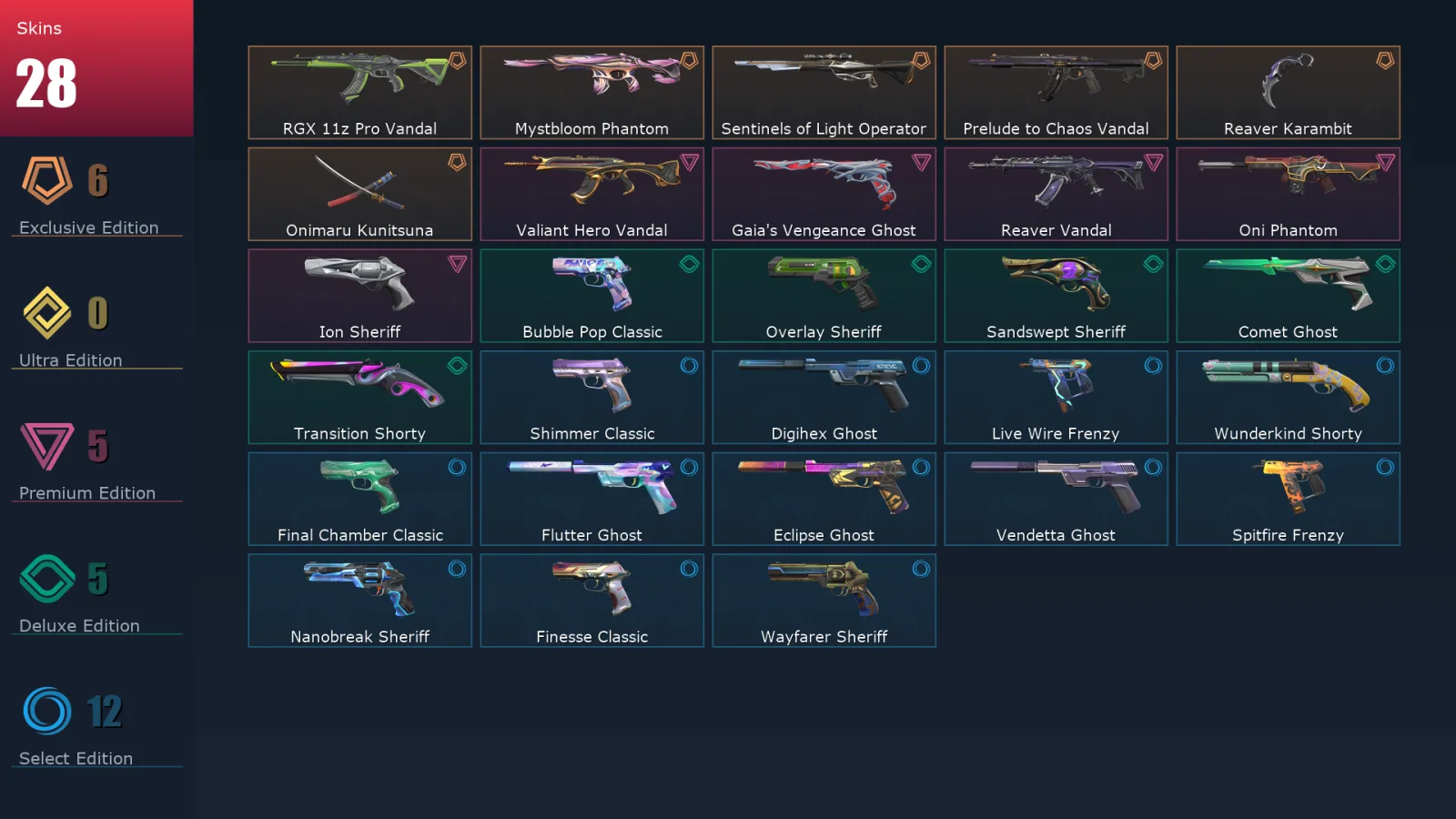 [Valorant] | EU | Level 219 | Platinum 2 | 29 Agents | 28 Skins