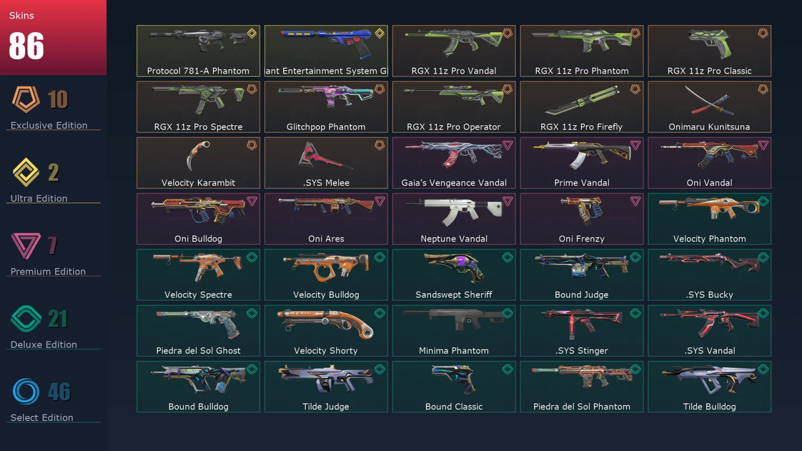 [Valorant] | EU | Level 199 | 24 Agents | 86 Skins