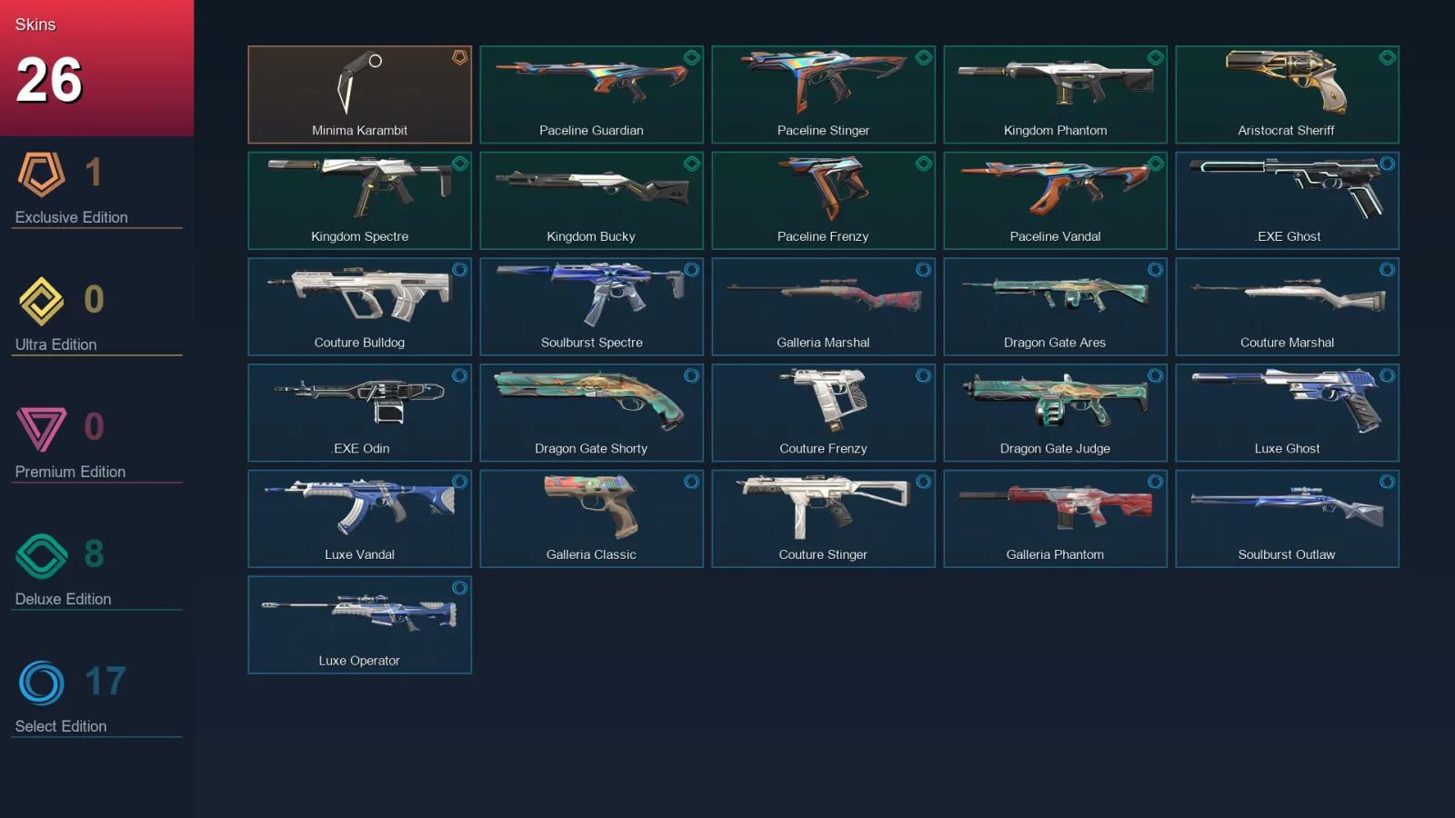 EU | Minima Karambit | Paceline Guardian | Paceline Stinger | Kingdom Phantom | 26 Skin | 12 Agent | 19 Buddy | Lv23
