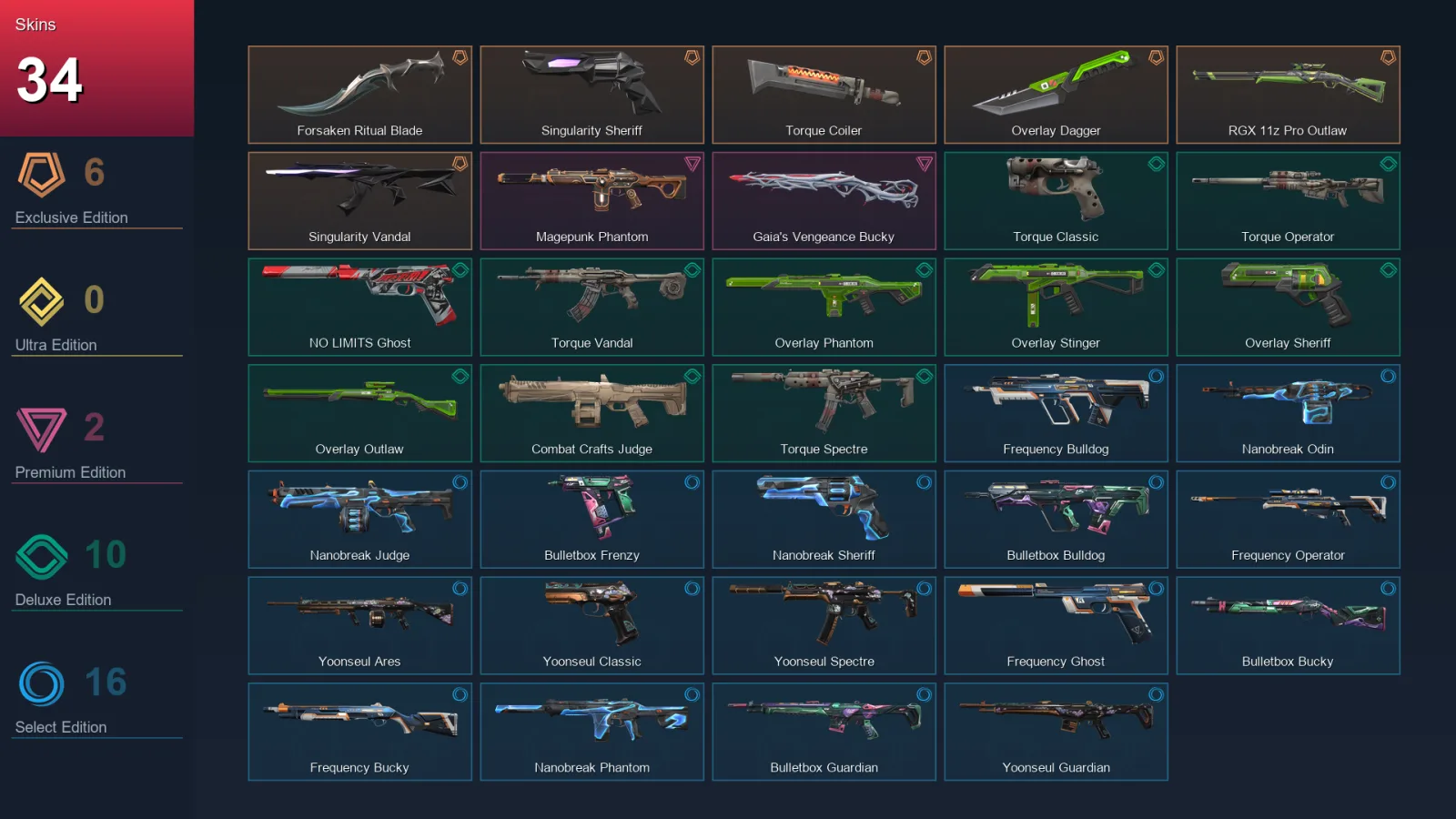 NA | Lv59 | Unranked | 34 Skin | 13 Agent | 26 Buddy