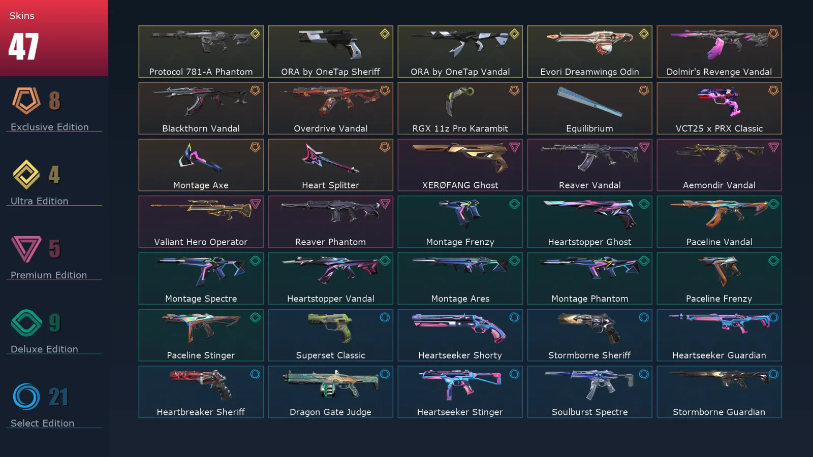 [Valorant] | EU | Level 66 | Ascendant 1 | 17 Agents | 47 Skins
