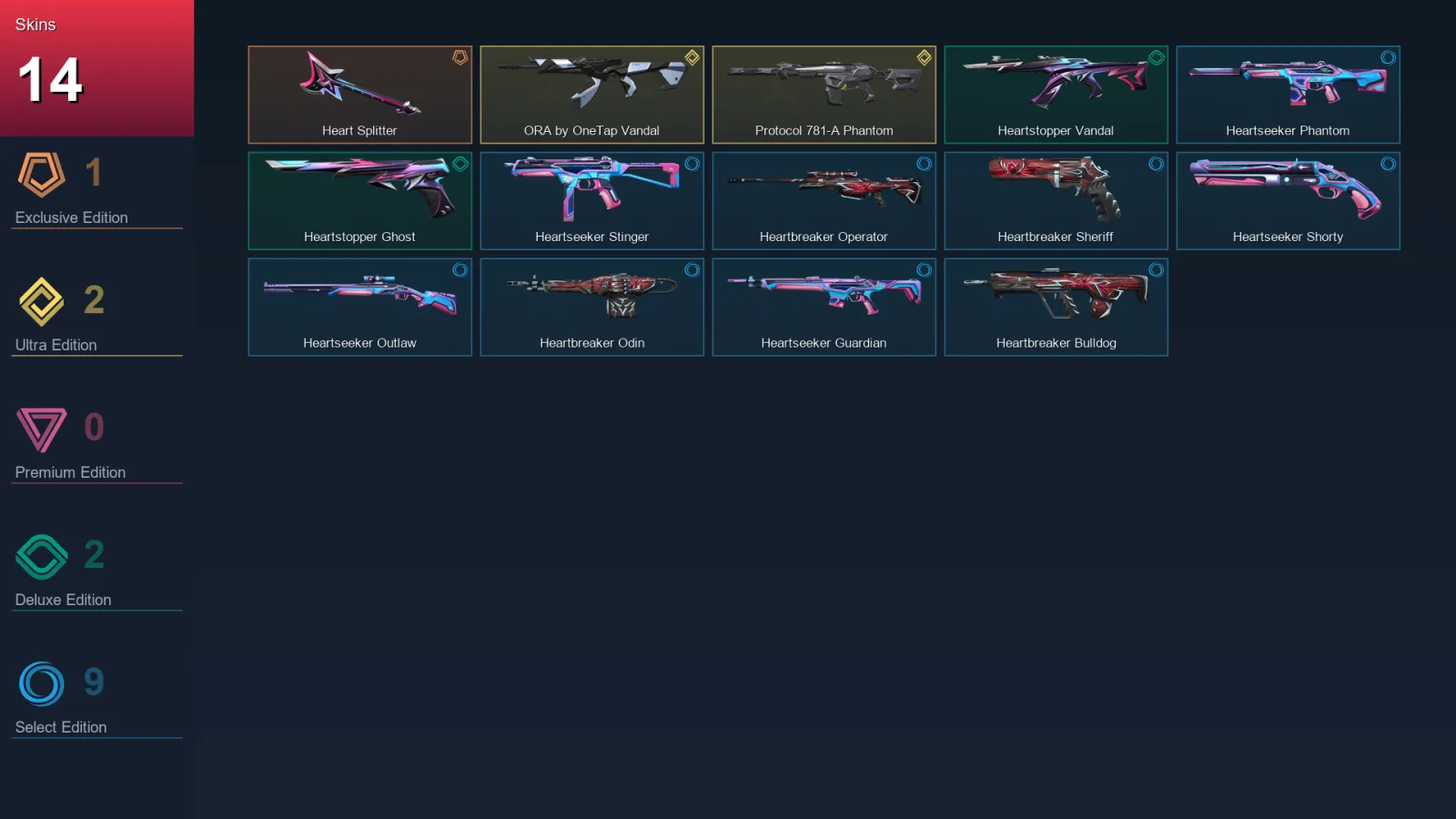 EU | Heart Splitter | ORA by OneTap Vandal | Protocol 781-A Phantom | Heartstopper Vandal | 14 Skin | 19 Agent | 20 Buddy | Lv57