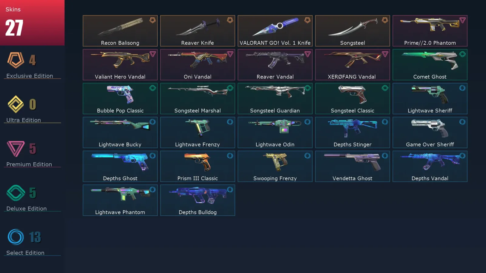 [Valorant] | EU | Level 136 | Diamond 2 | 26 Agents | 27 Skins