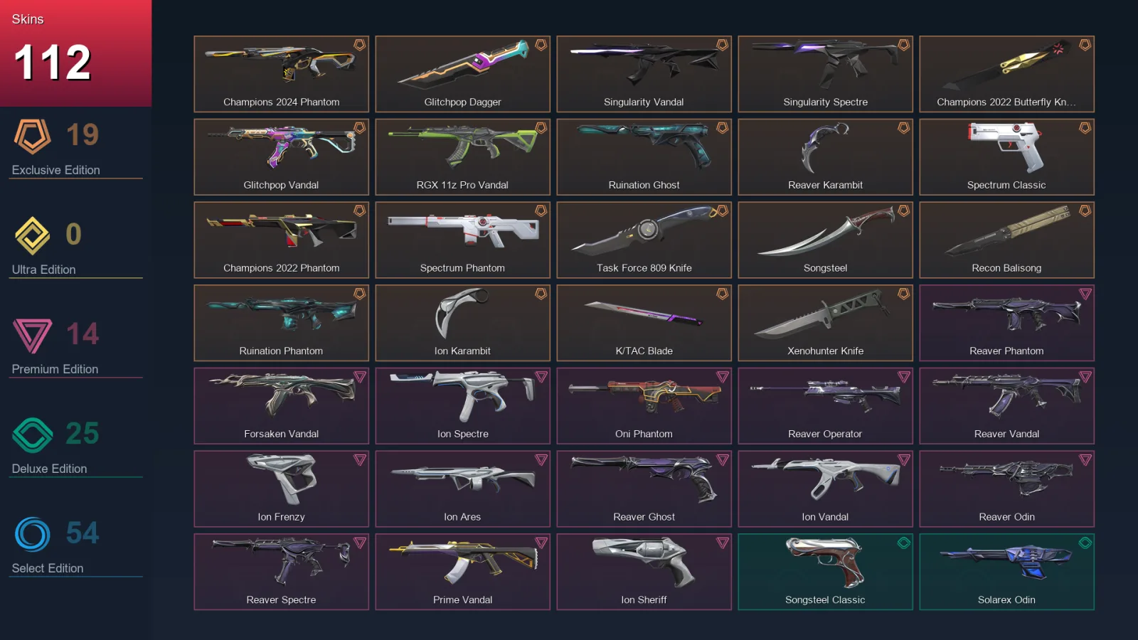 AP | Lv162 | Unranked | 112 Skin | 27 Agent | 112 Buddy — Ruination Phantom