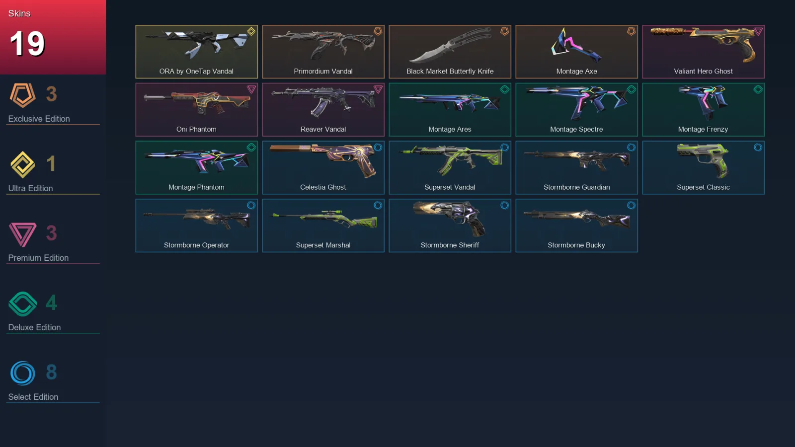 EU | Primordium Vandal | Black.Market Butterfly Knife | Montage Axe | ORA by OneTap Vandal | 19 Skin | 26 Agent | 27 Buddy | Lv81