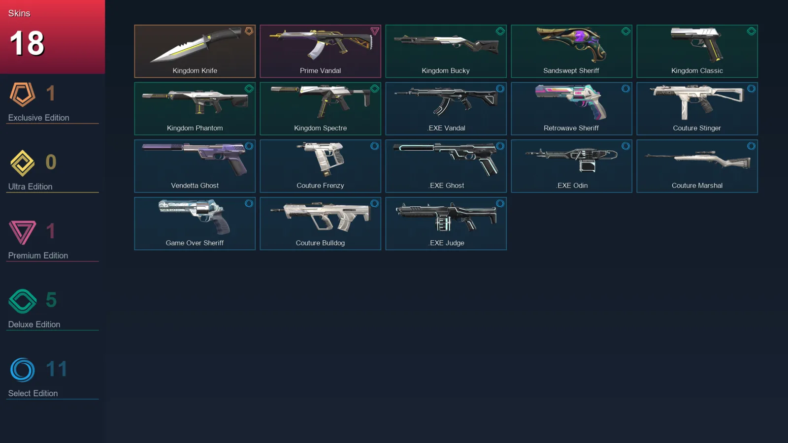 EU | Kingdom Knife | Prime Vandal | Kingdom Bucky | Sandswept Sheriff | 18 Skin | 26 Agent | 71 Buddy | Lv157