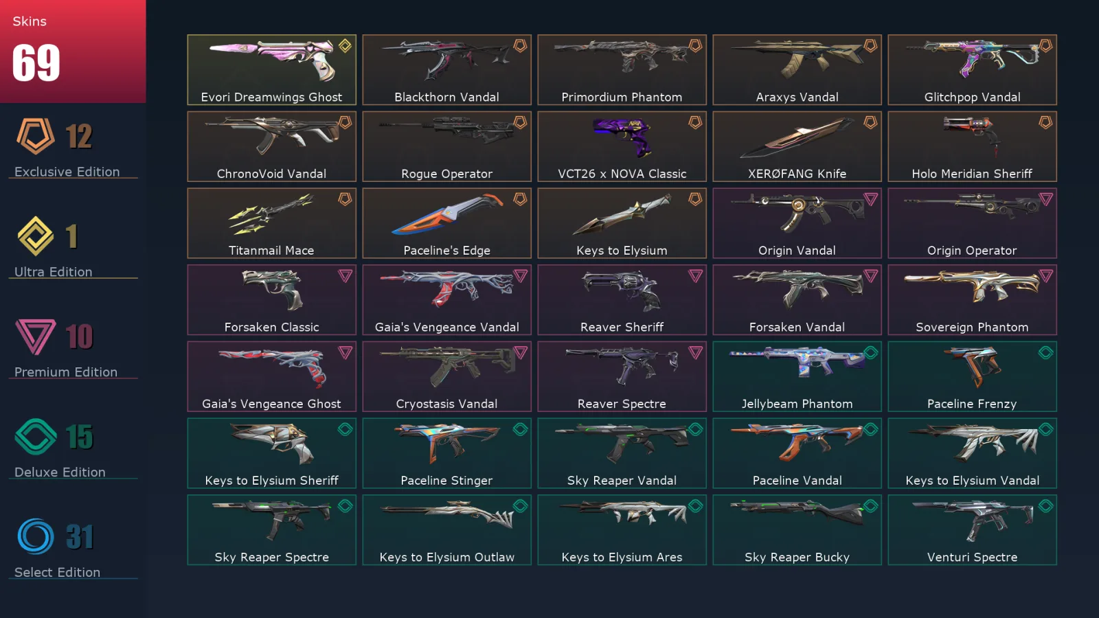 [Valorant] | EU | Level 123 | Gold 1 | 29 Agents | 69 Skins