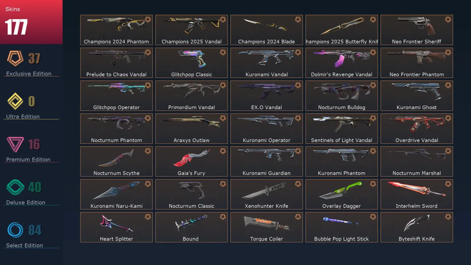 [Valorant] | EU | Level 268 | Platinum 1 | 29 Agents | 177 Skins