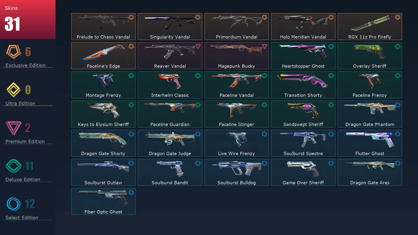 [Valorant] | EU | Level 238 | Platinum 3 | 29 Agents | 31 Skins
