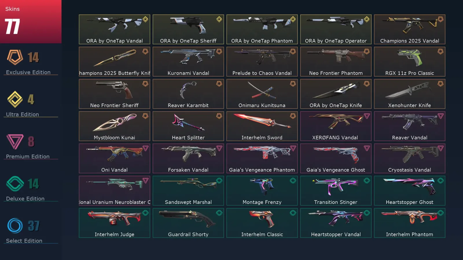 [Valorant] | EU | Level 116 | 29 Agents | 77 Skins