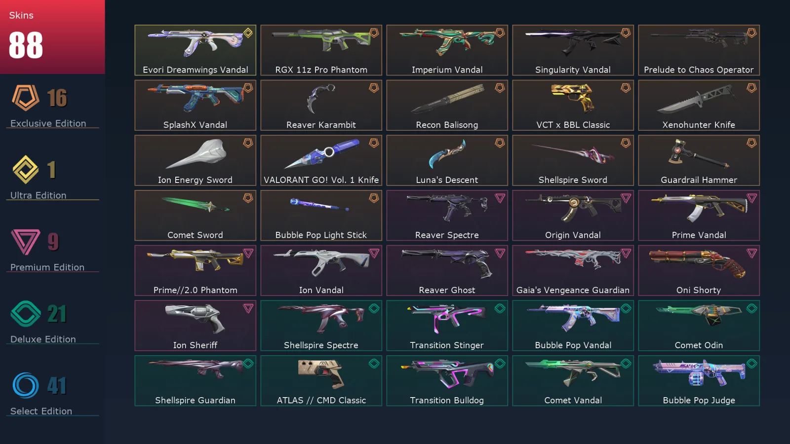[Valorant] | EU | Level 209 | Platinum 1 | 29 Agents | 88 Skins