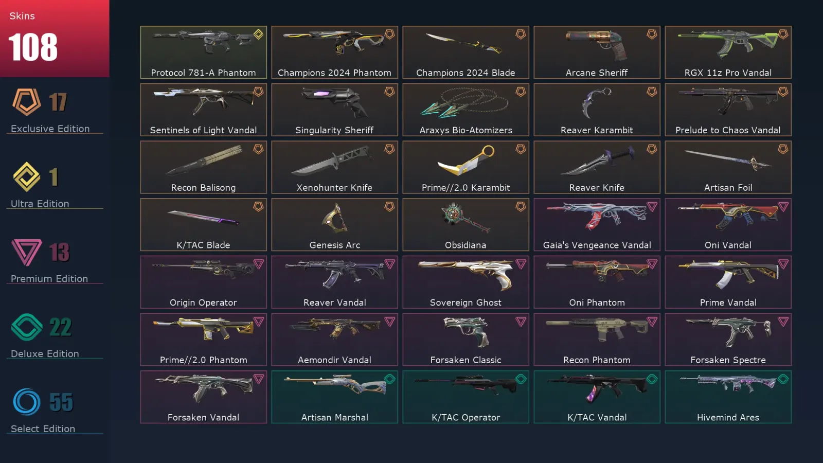 [Valorant] | EU | Level 231 | 29 Agents | 108 Skins