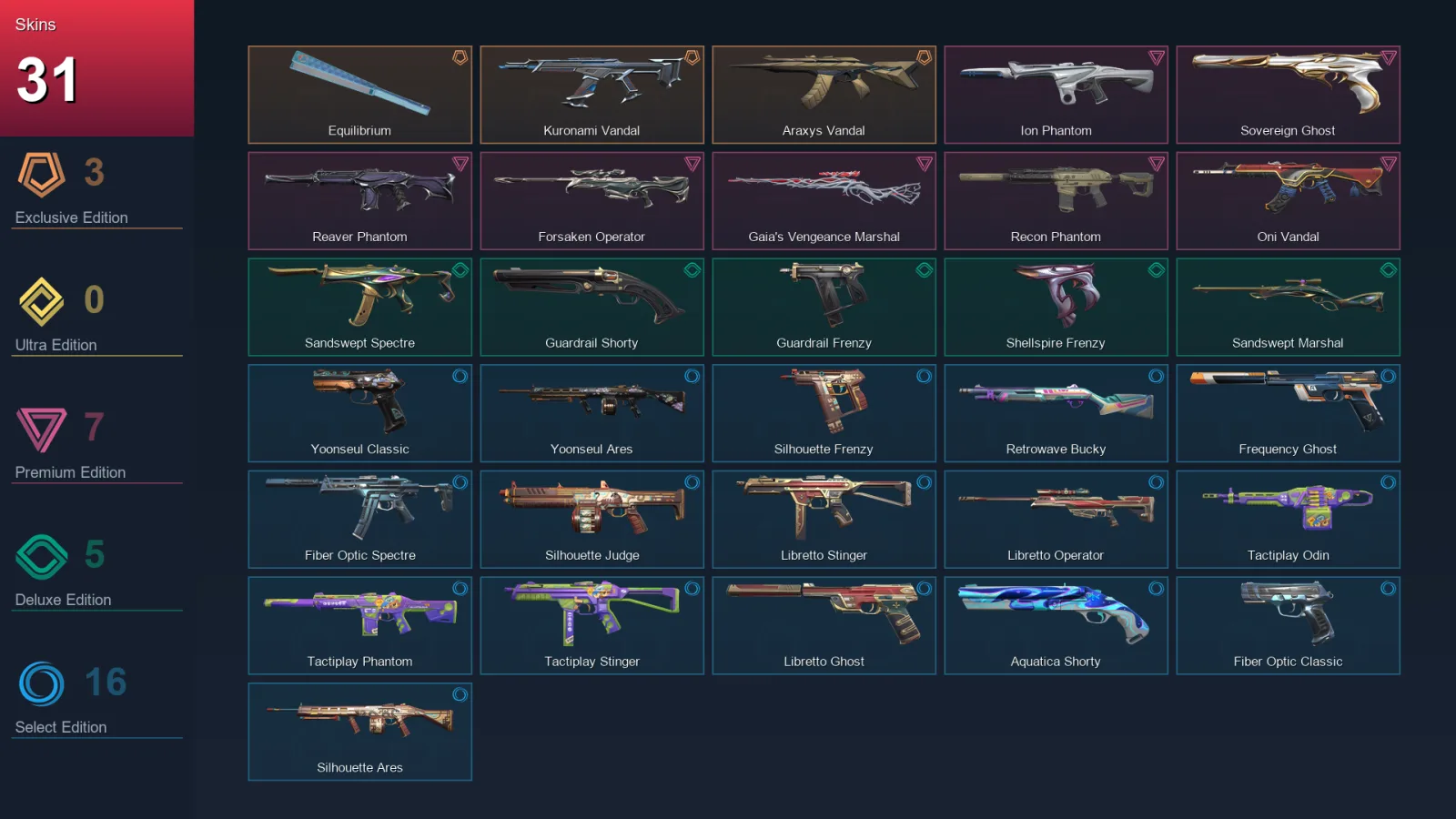 AP | Lv31 | Unranked | 31 Skin | 12 Agent | 22 Buddy