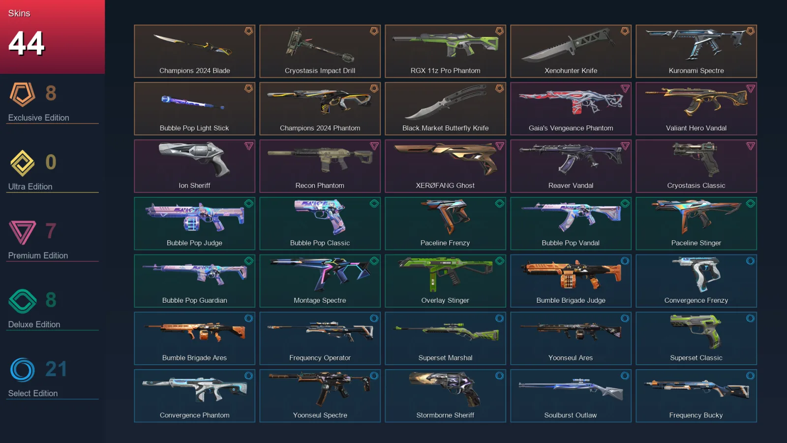NA | Lv35 | Unranked | 44 Skin | 13 Agent | 27 Buddy
