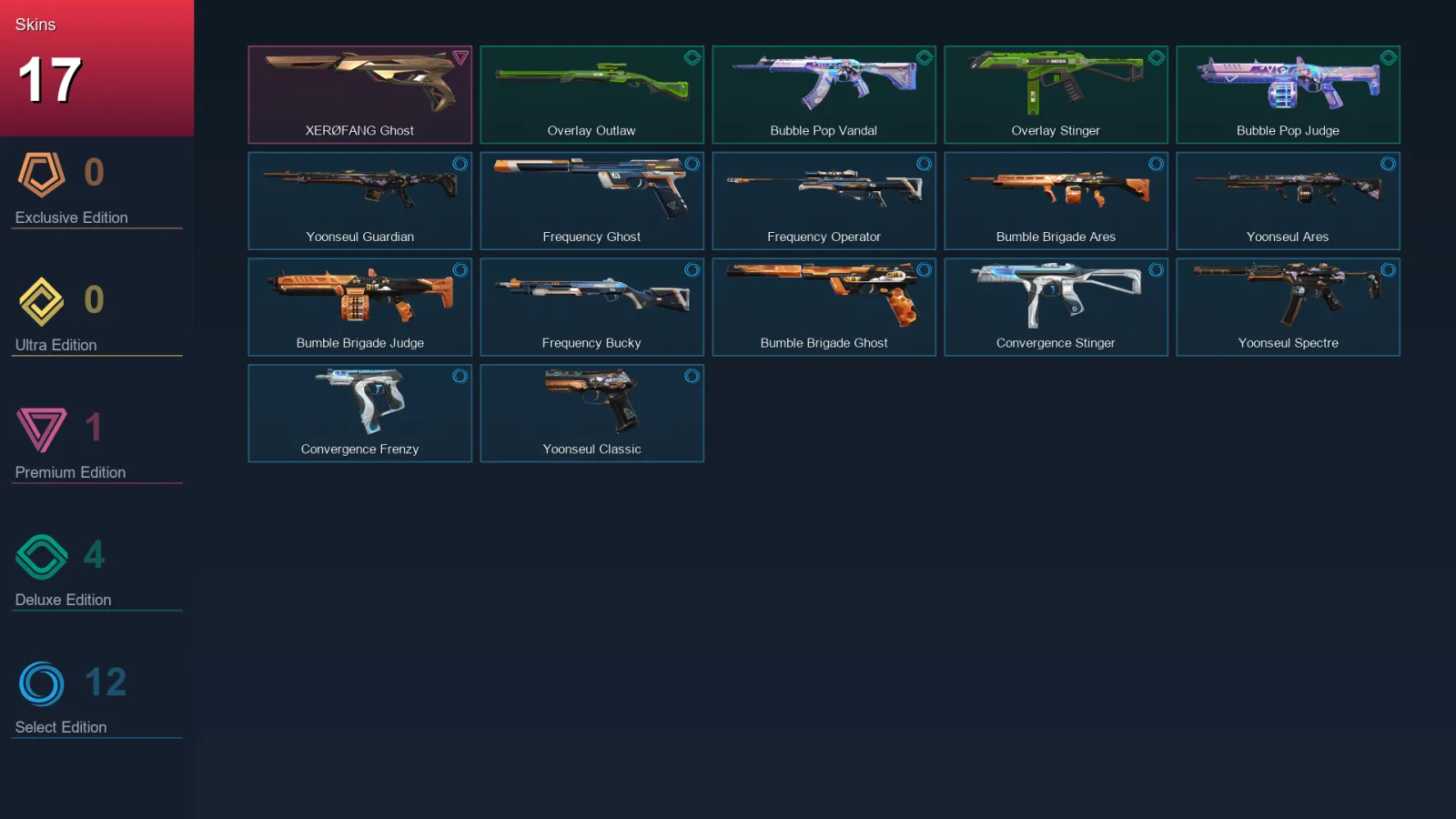 EU | XERØFANG Ghost | Overlay Outlaw | Bubble Pop Vandal | Overlay Stinger | 17 Skin | 11 Agent | 14 Buddy | Lv27