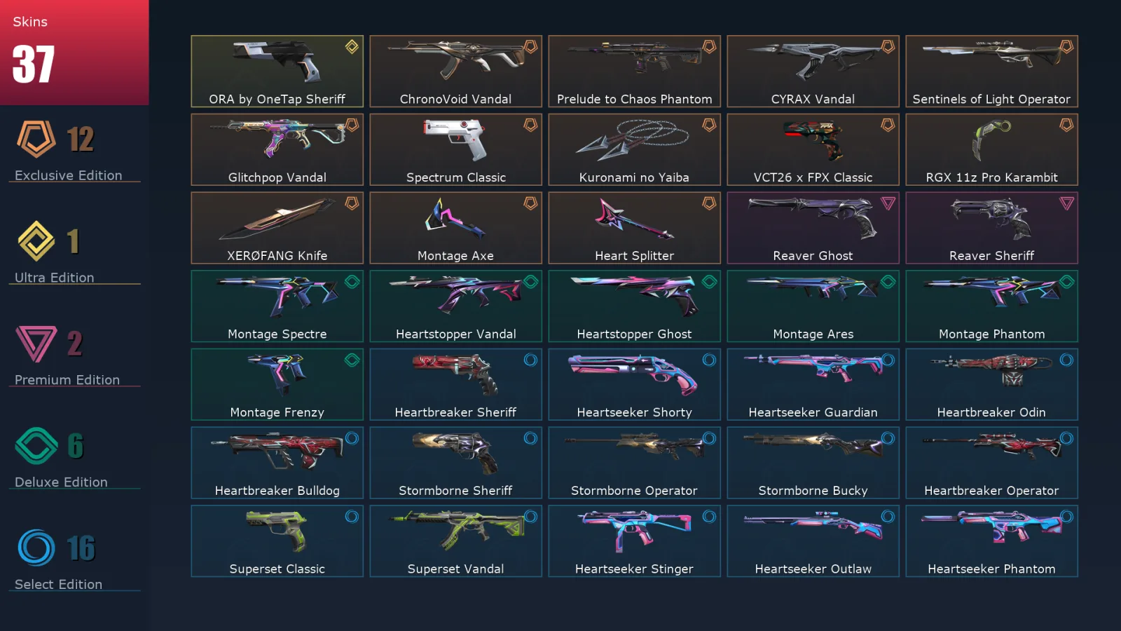 [Valorant] | EU | Level 62 | 19 Agents | 37 Skins