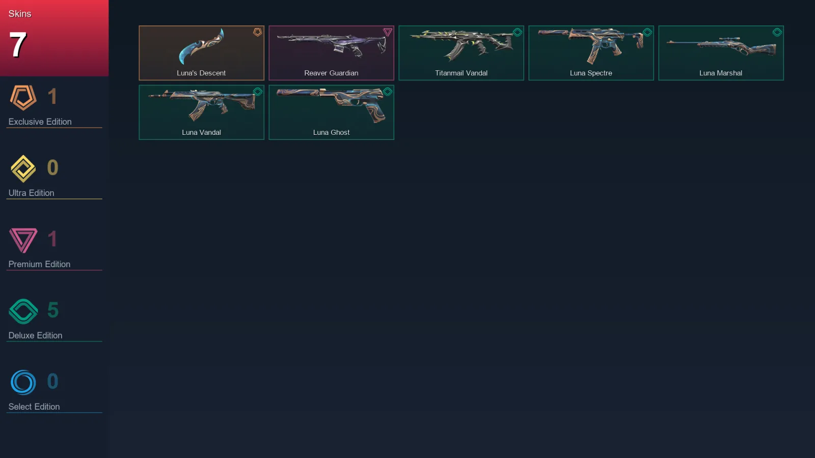 EU | Luna's Descent | Reaver Guardian | Titanmail Vandal | Luna Spectre | 7 Skin | 12 Agent | 10 Buddy | Lv36