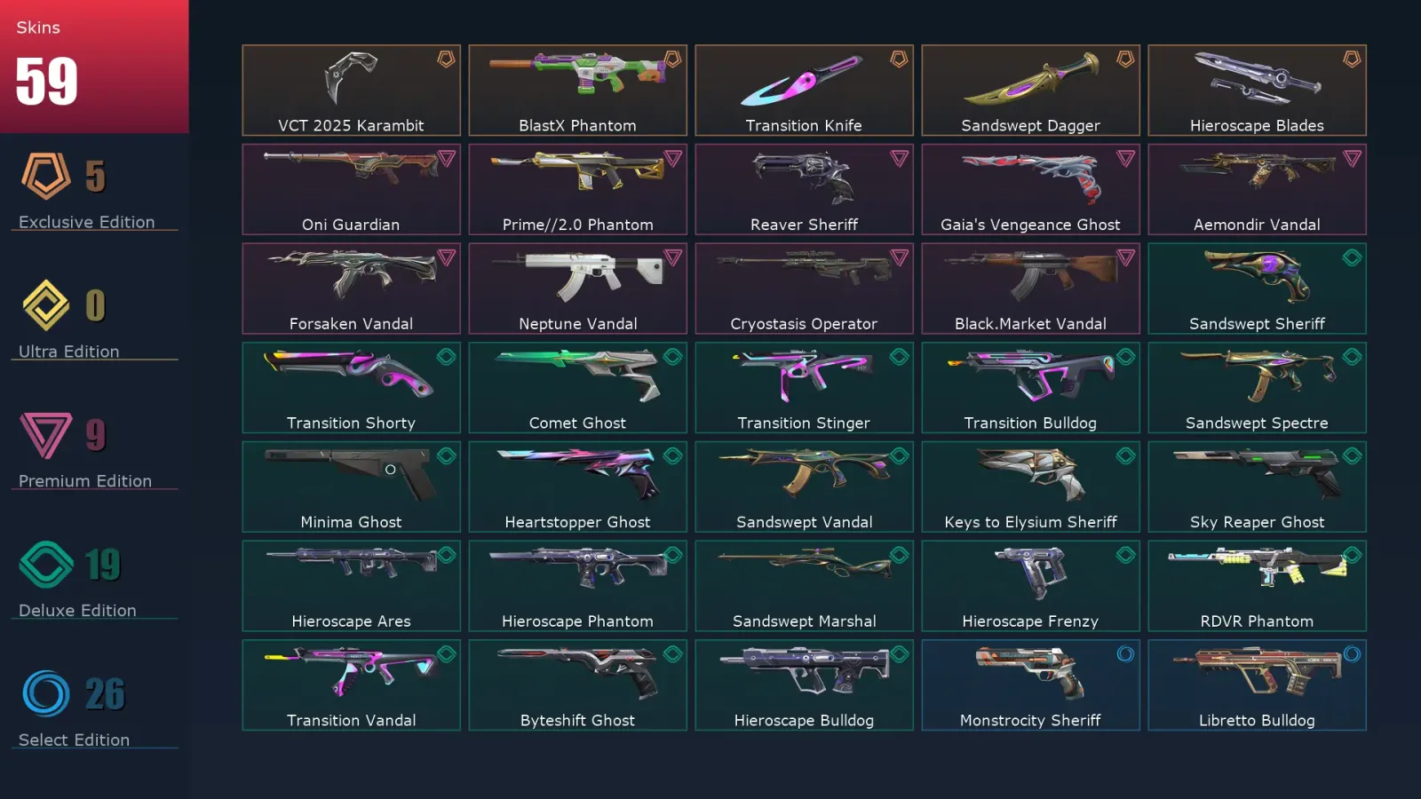 [Valorant] | EU | Level 1 | Immortal 1 | 29 Agents | 59 Skins
