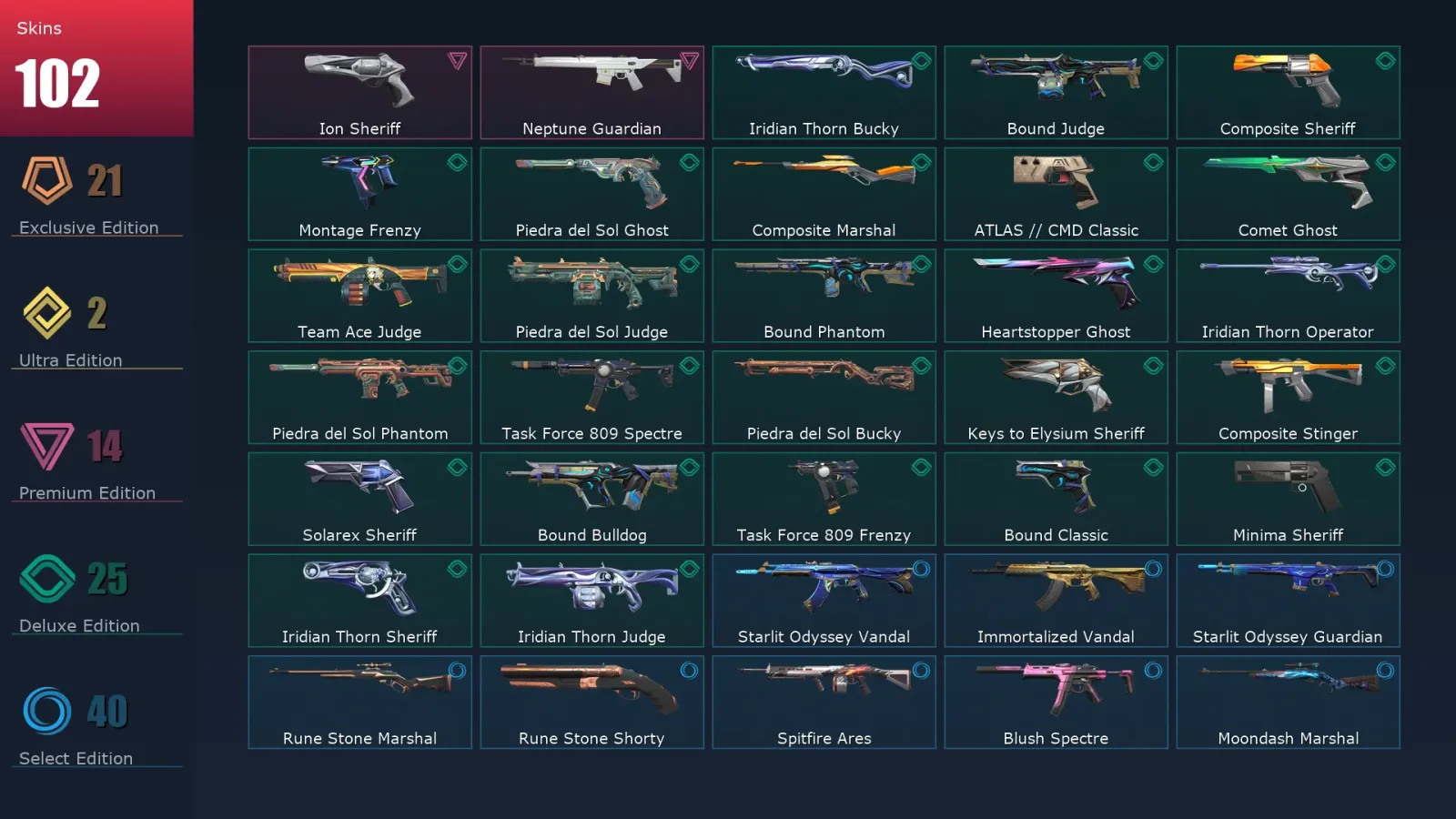 [Valorant] | EU | Level 256 | Platinum 1 | 28 Agents | 102 Skins