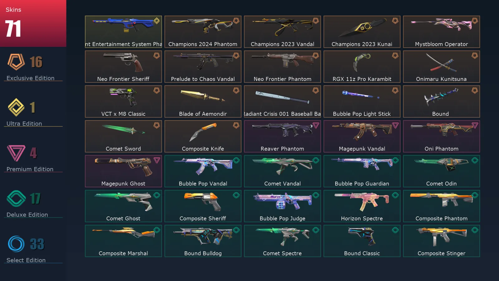 [Valorant] | EU | Level 108 | 27 Agents | 71 Skins