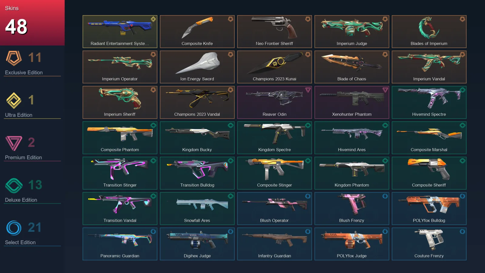 AP | Lv59 | Unranked | 48 Skin | 21 Agent | 42 Buddy — Blade Of Chaos