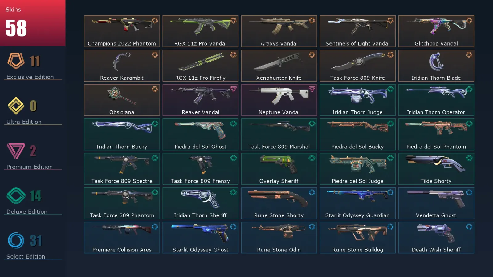 [Valorant] | EU | Level 213 | Gold 1 | 29 Agents | 58 Skins — Valorant account