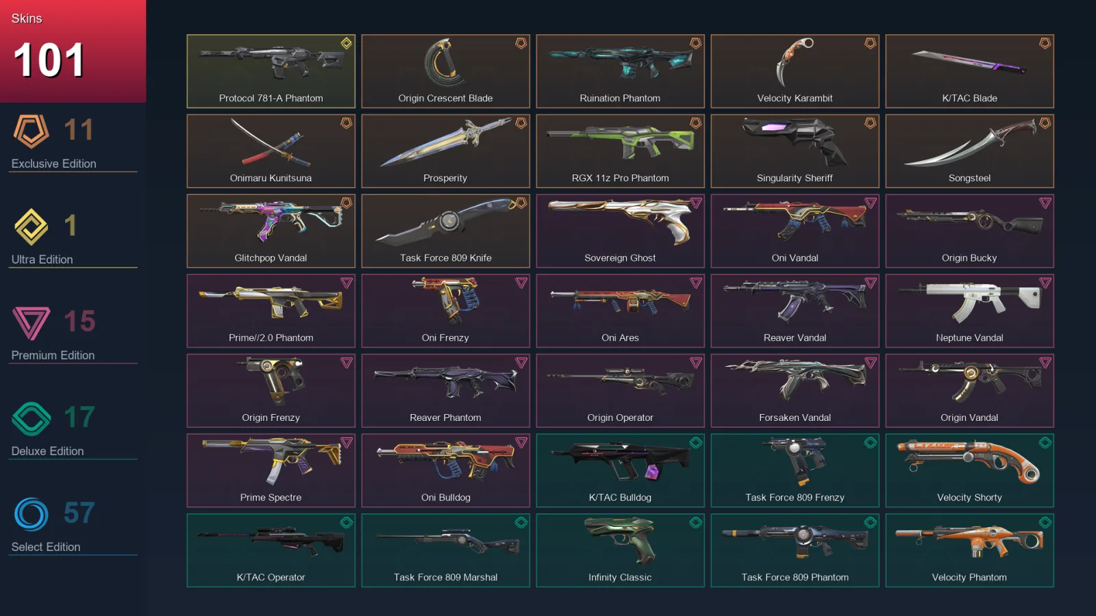 AP | Origin Crescent Blade | Ruination Phantom | Velocity Karambit | K/TAC Blade | 101 Skin | 28 Agent | 151 Buddy | Lv323