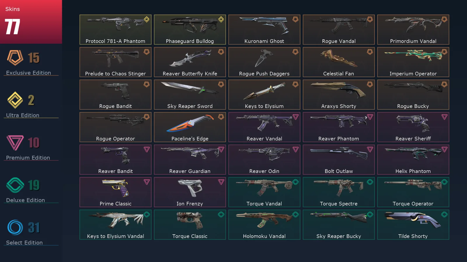 [Valorant] | EU | Level 156 | Diamond 1 | 27 Agents | 77 Skins