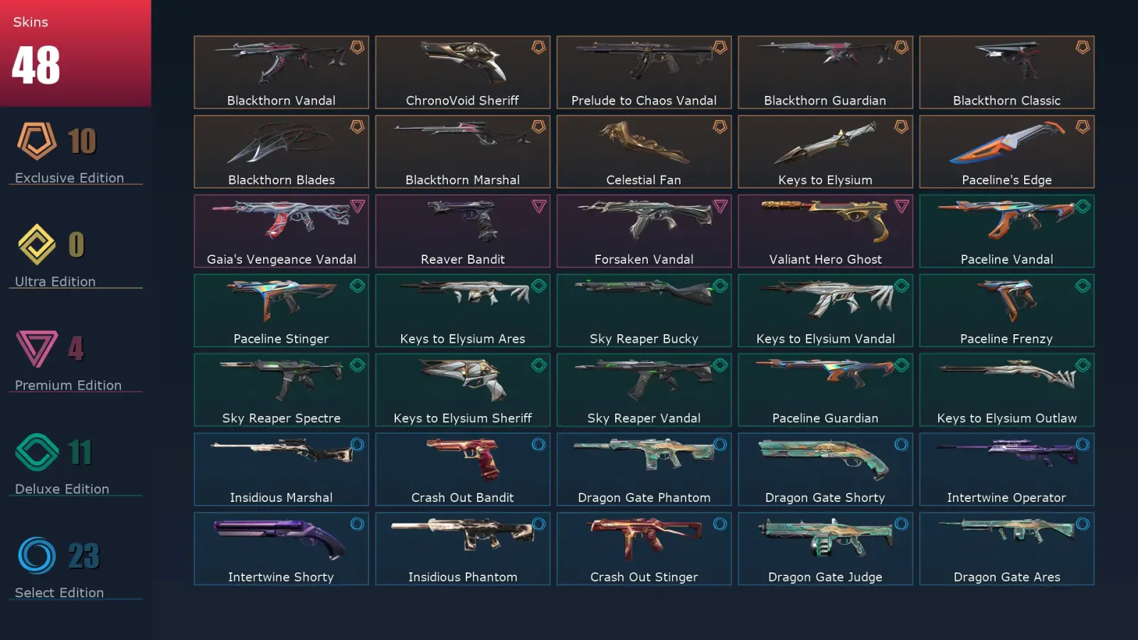 [Valorant] | EU | Level 70 | Ascendant 1 | 17 Agents | 48 Skins