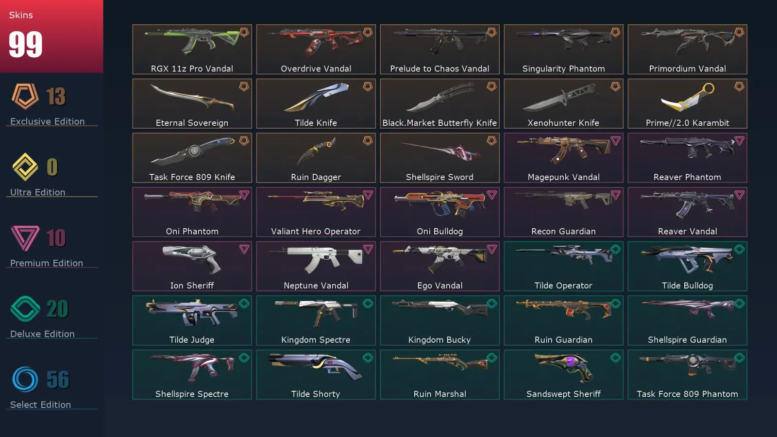 [Valorant] | EU | Level 309 | Platinum 2 | 27 Agents | 99 Skins