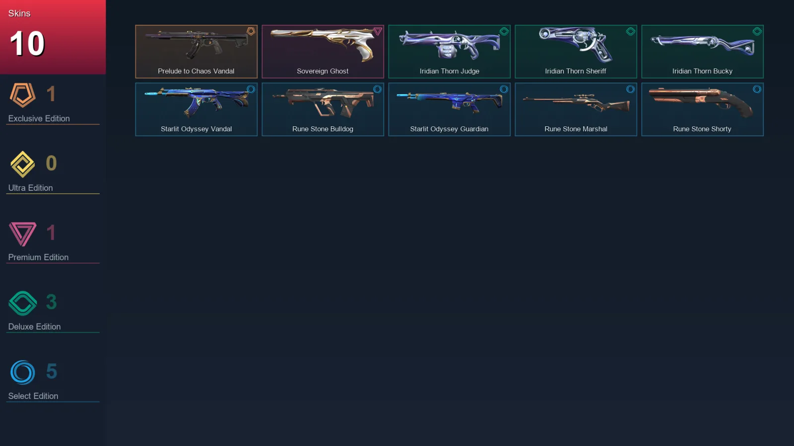 EU | Prelude to Chaos Vandal | Sovereign Ghost | Iridian Thorn Judge | Iridian Thorn Sheriff | 10 Skin | 23 Agent | 29 Buddy | Lv71