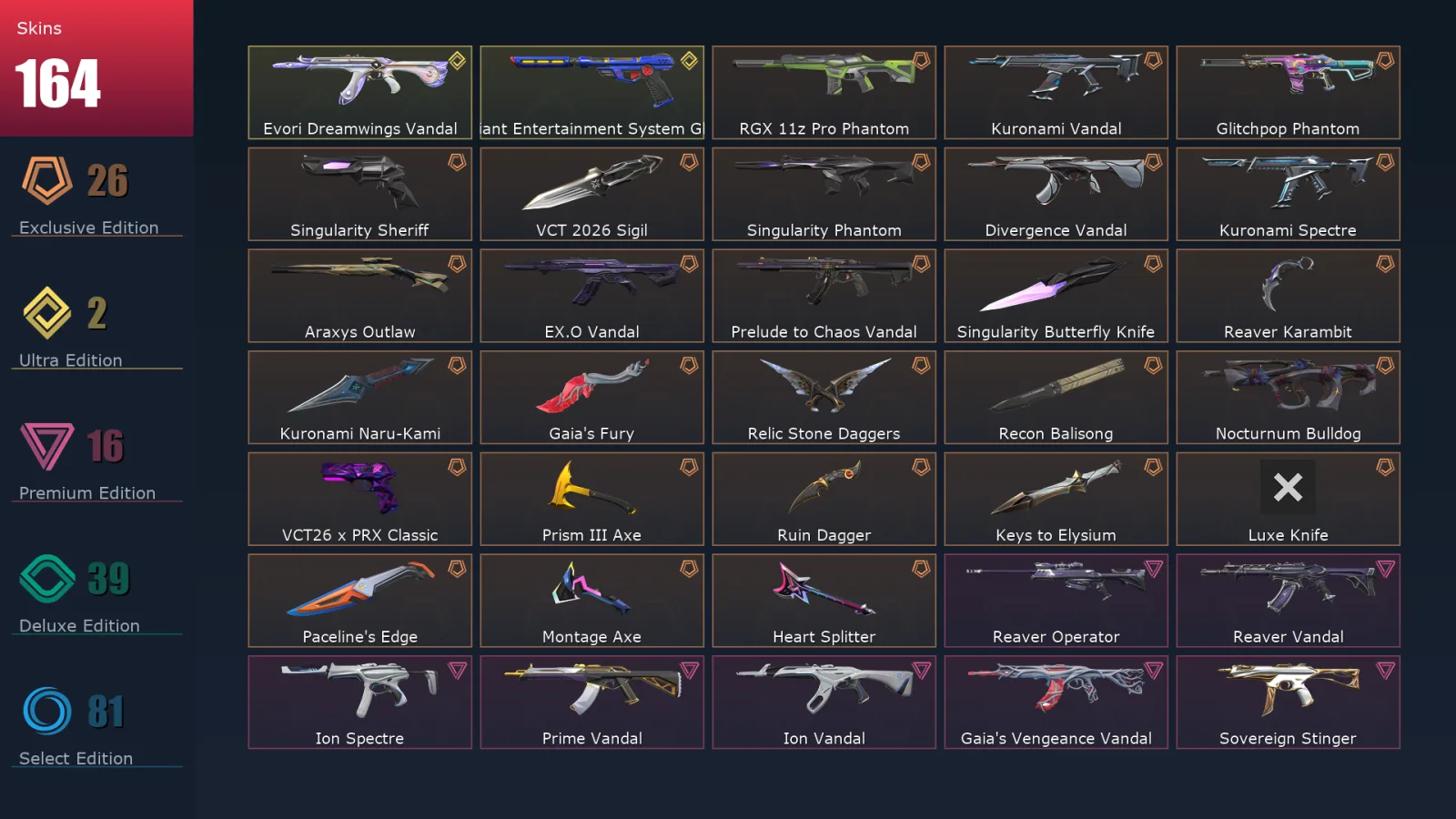 [Valorant] | EU | Level 500 | Ascendant 3 | 29 Agents | 164 Skins