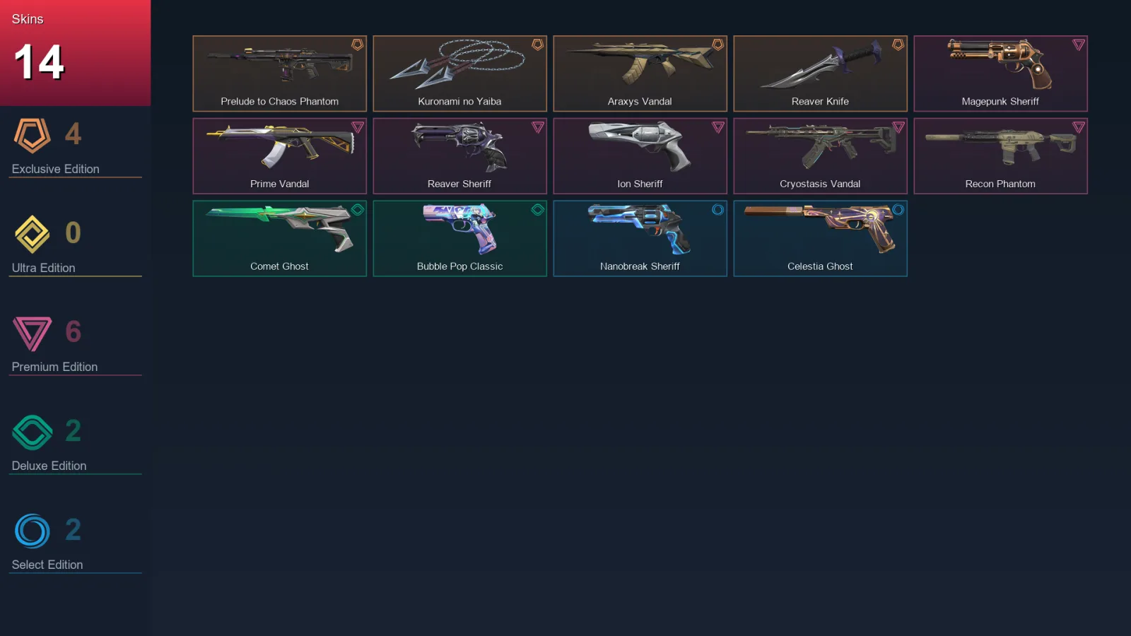 NA | Lv144 | Unranked | 14 Skin | 26 Agent | 58 Buddy