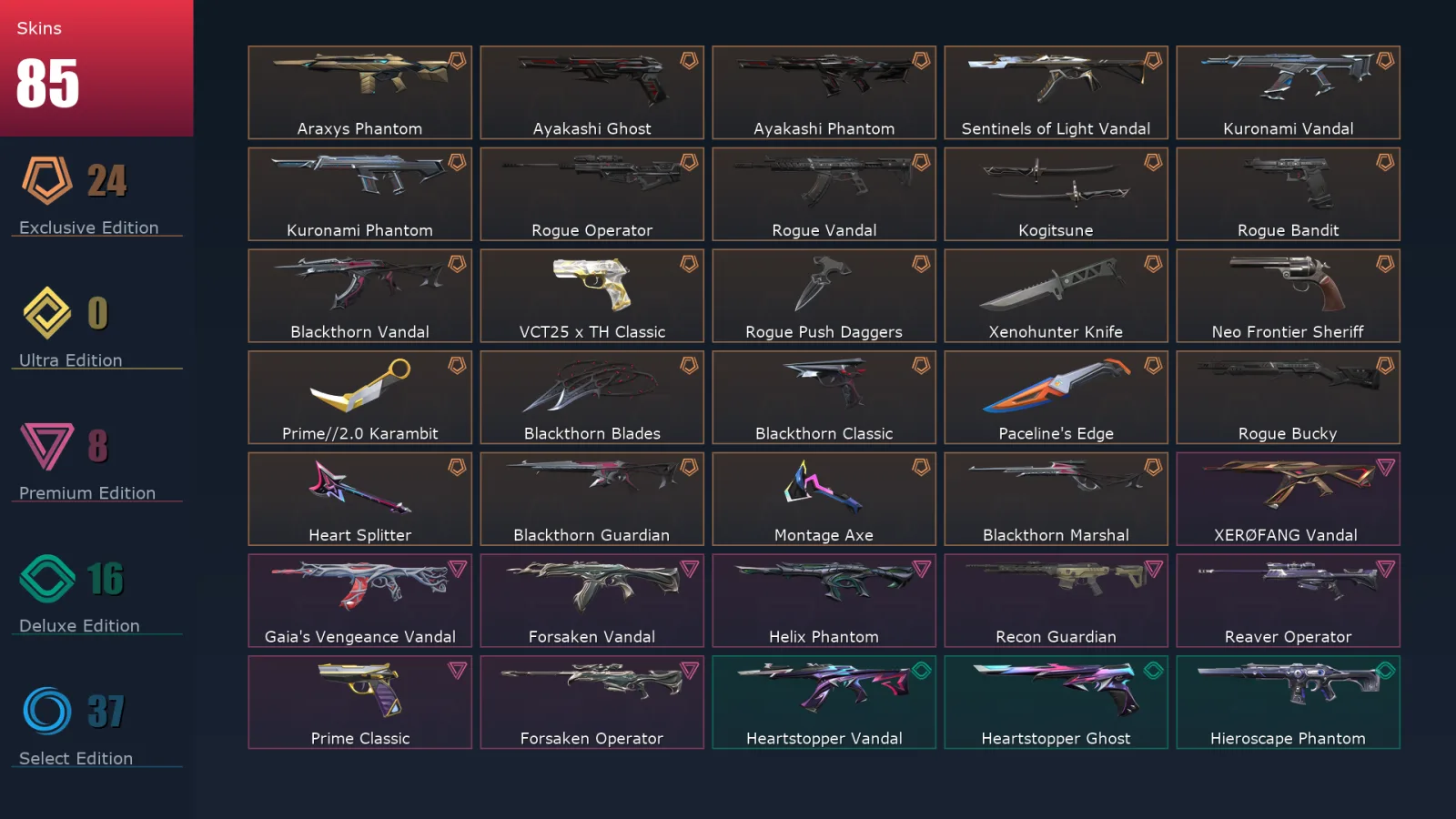 [Valorant] | EU | Level 100 | Platinum 2 | 27 Agents | 85 Skins