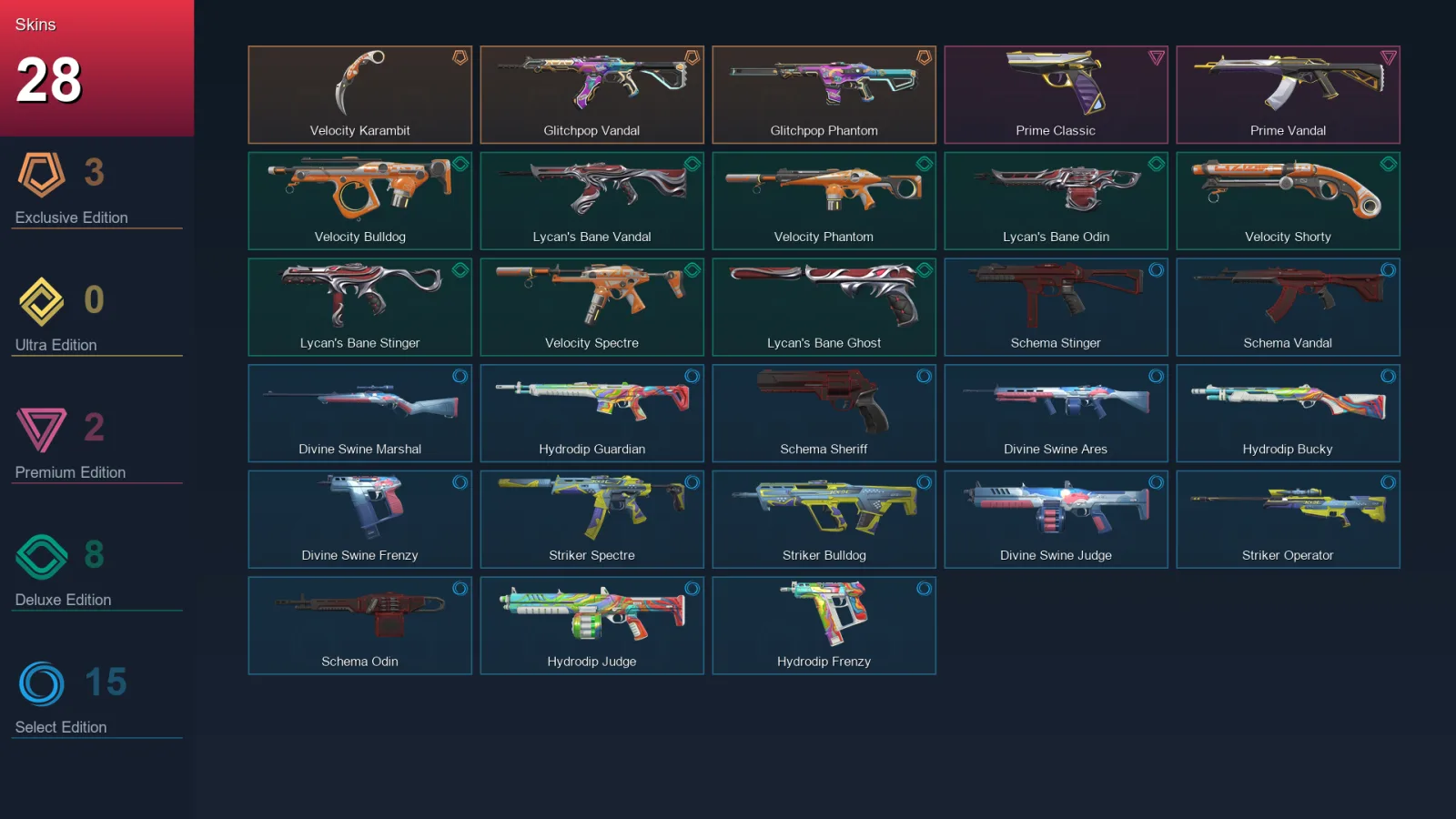 NA | Lv44 | Unranked | 28 Skin | 15 Agent | 27 Buddy