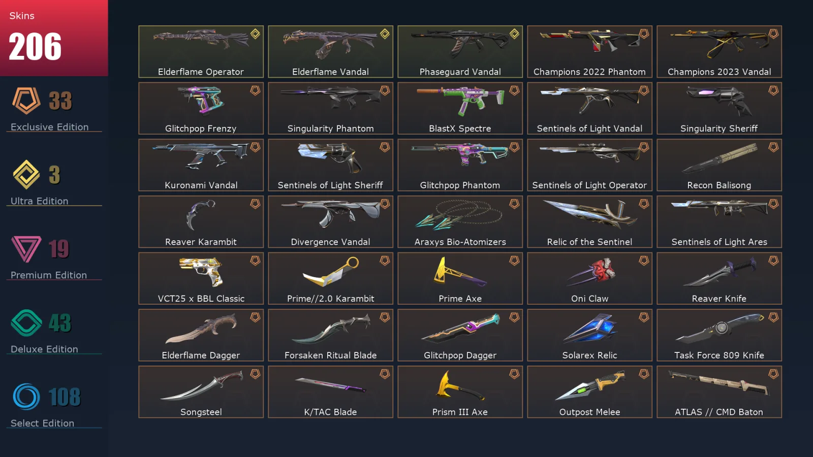 [Valorant] | EU | Level 348 | Platinum 3 | 29 Agents | 206 Skins