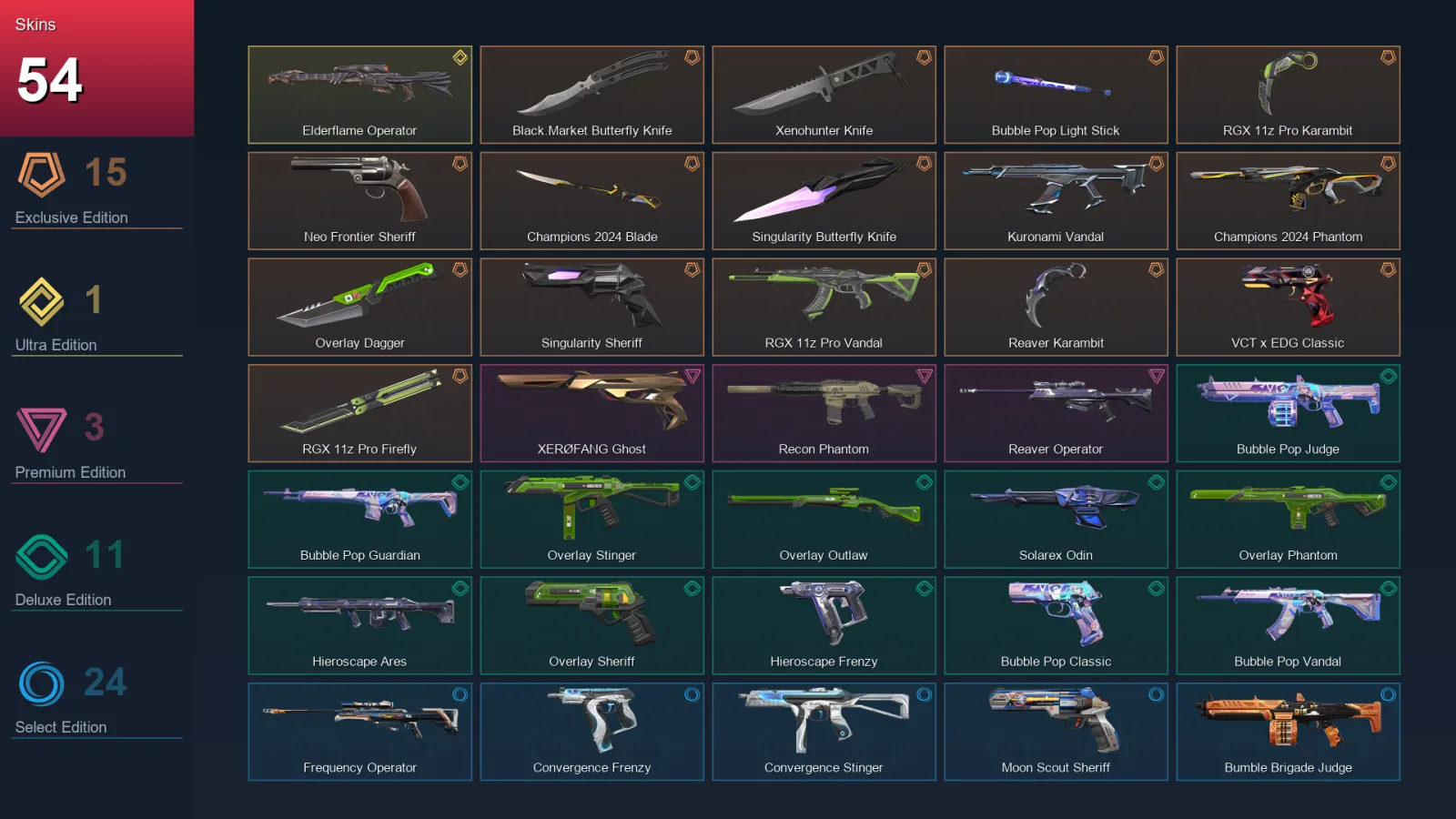 NA | Black.Market Butterfly Knife | Xenohunter Knife | Bubble Pop Light Stick | RGX 11z Pro Karambit | 54 Skin | 15 Agent | 35 Buddy | Lv45