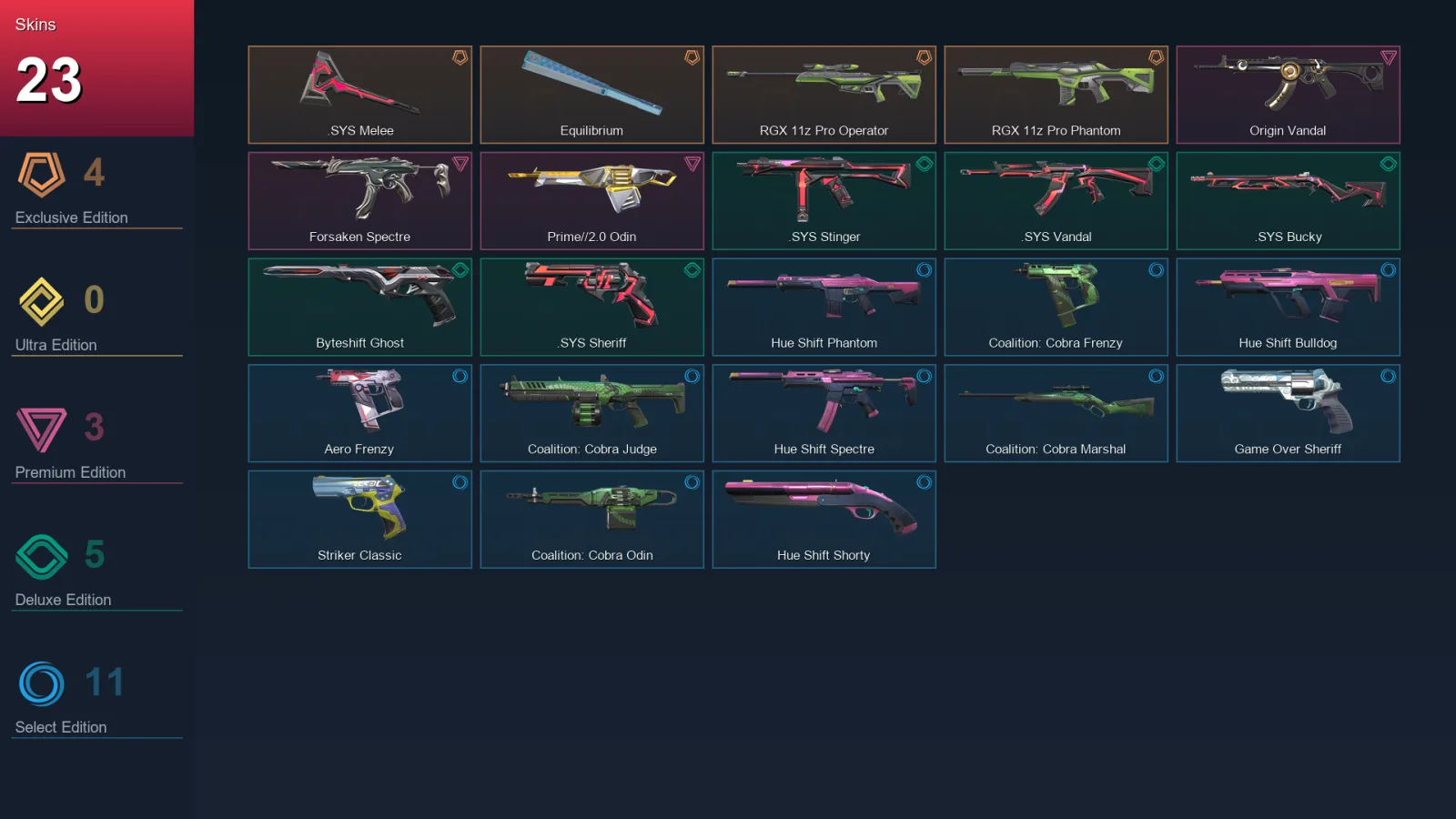 AP | .SYS Melee | Equilibrium | RGX 11z Pro Operator | RGX 11z Pro Phantom | 23 Skin | 27 Agent | 59 Buddy | Lv116