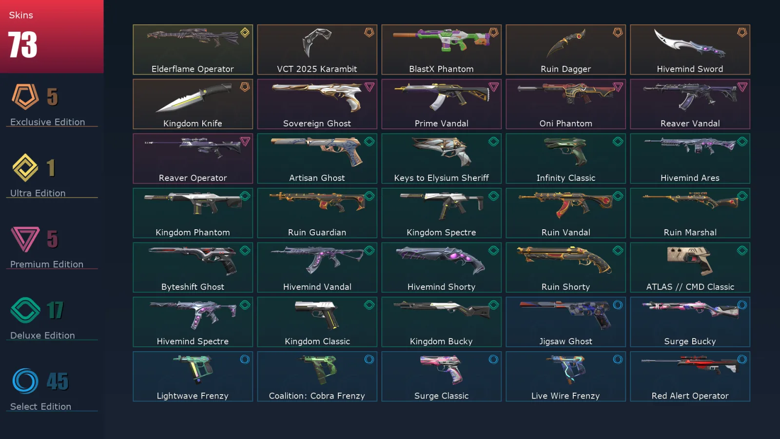 [Valorant] | EU | Level 372 | Gold 3 | 29 Agents | 73 Skins