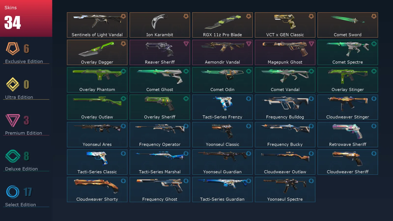 [Valorant] | EU | Level 80 | Diamond 2 | 22 Agents | 34 Skins