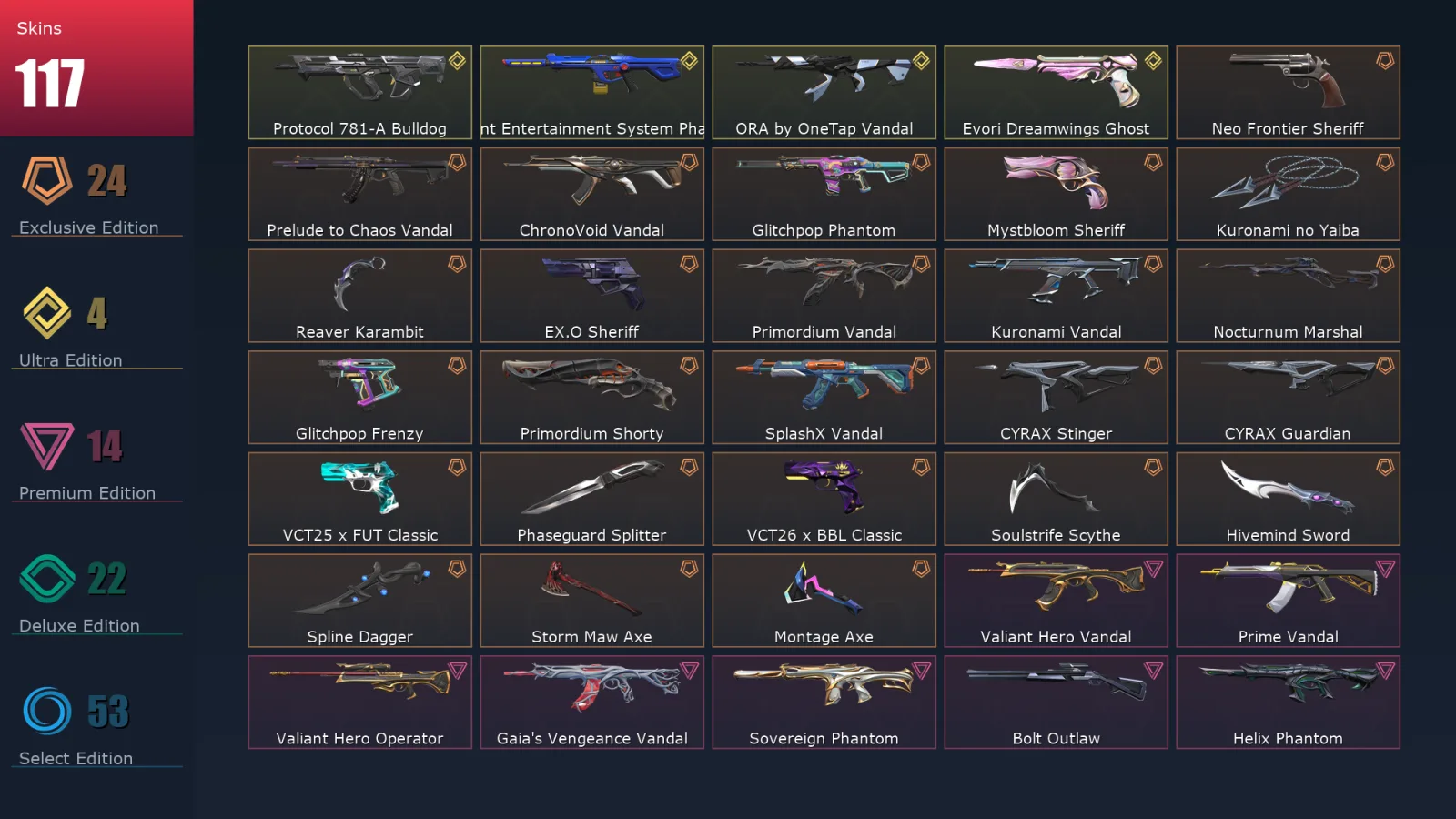 [Valorant] | EU | Level 500 | 29 Agents | 117 Skins