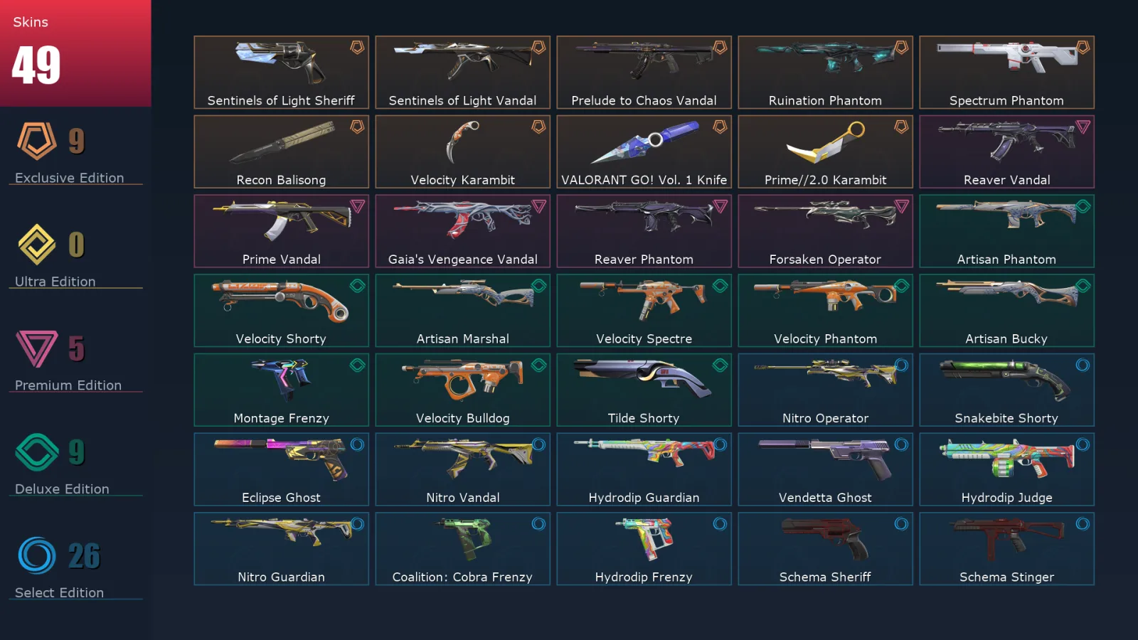 [Valorant] | EU | Level 173 | 26 Agents | 49 Skins