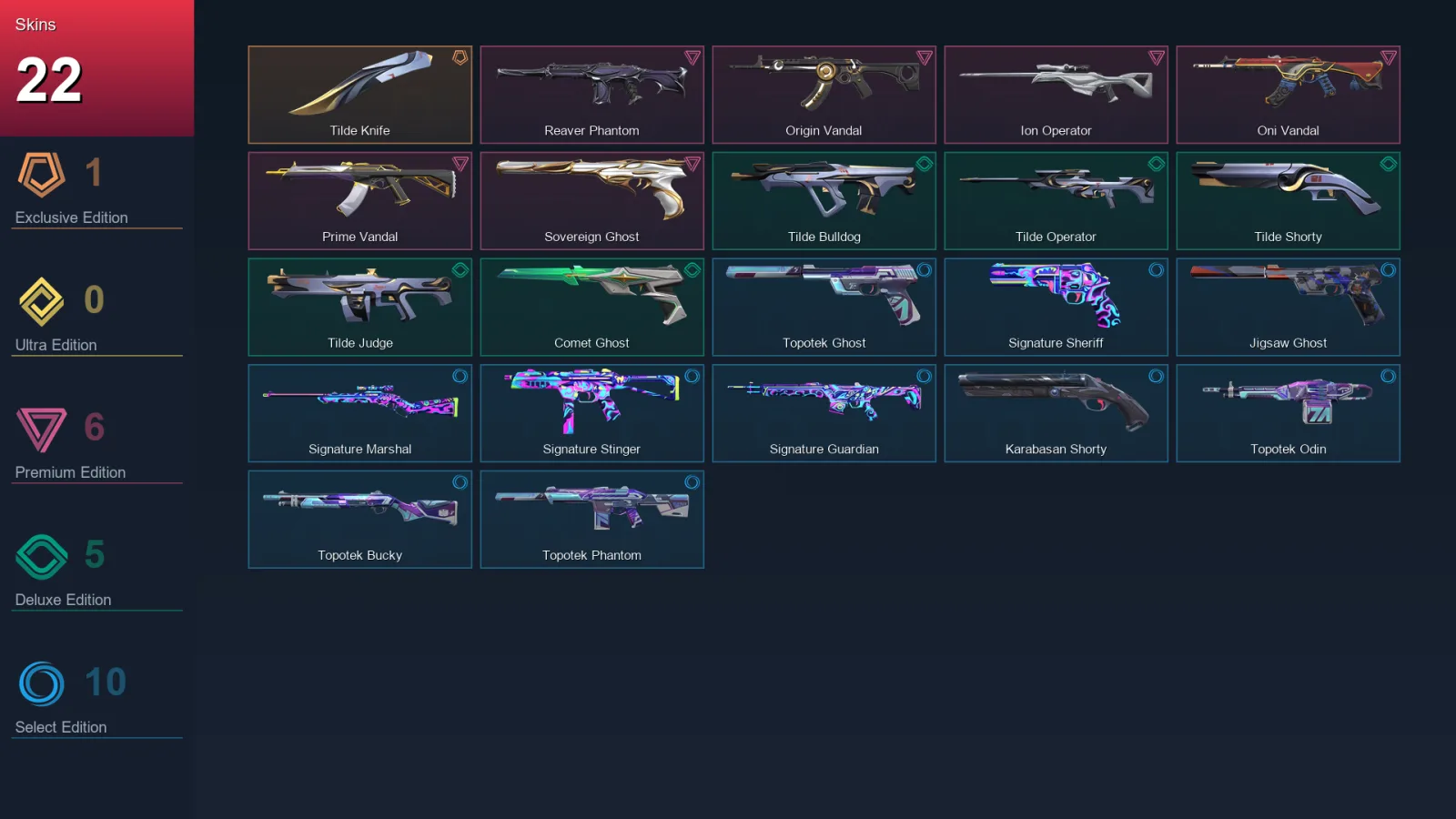 AP | Lv125 | Unranked | 22 Skin | 22 Agent | 48 Buddy — Comet Ghost